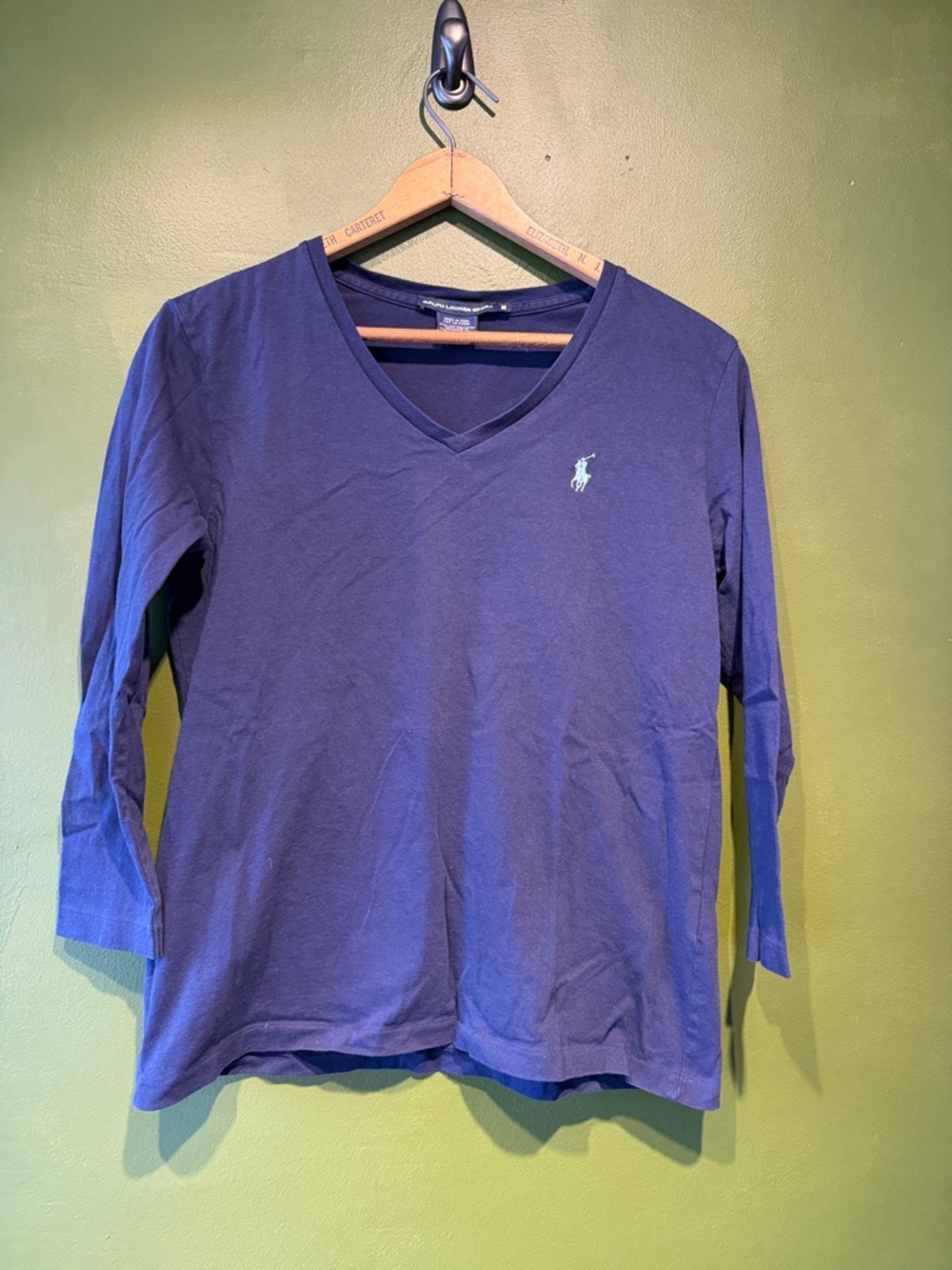 Ralph Lauren Navy V-Neck Long Sleeve Top with Polo Emblem